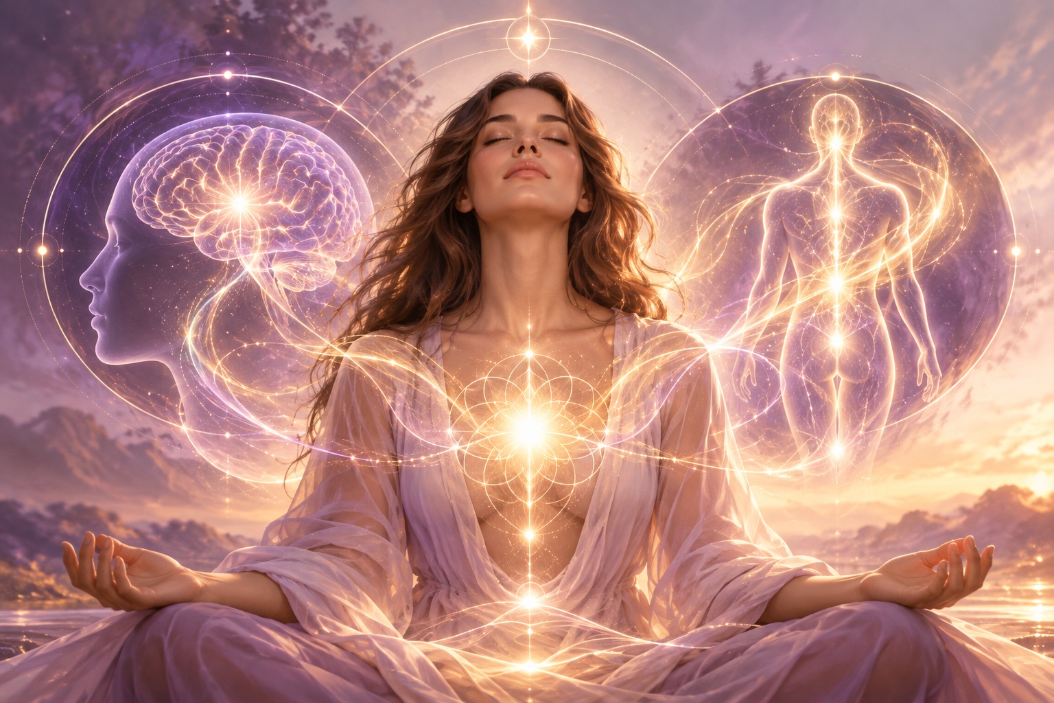 Mulher entre um perfil com cérebro iluminado e uma figura humana de luz, representando a integração entre mente, corpo e alma.