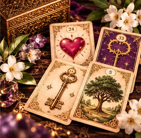 Cartas do Baralho Cigano com coração, chave e árvore.