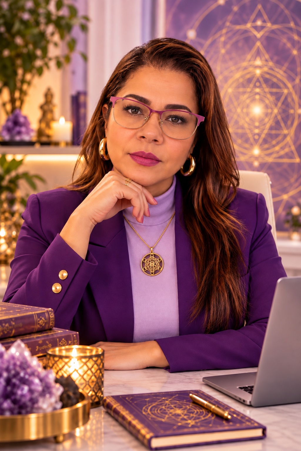 Paula Ferreira de óculos e terno roxo, sentada à mesa, com a mão apoiada no queixo.