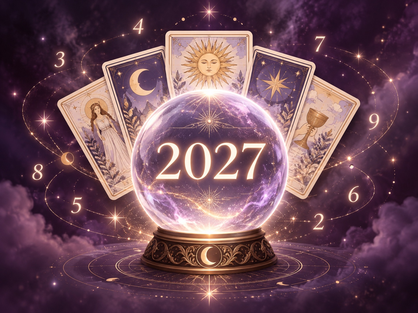 Cartas de Tarot e números ao redor de uma esfera luminosa com o ano 2027, em tons roxos e dourados.