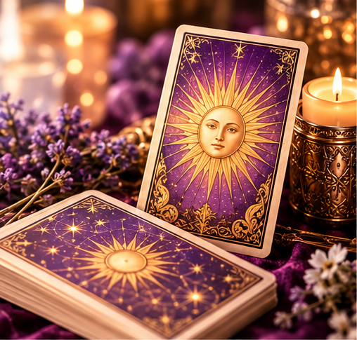 Uma carta de Tarot ilustrada com um sol, junto de um baralho, vela e flores.